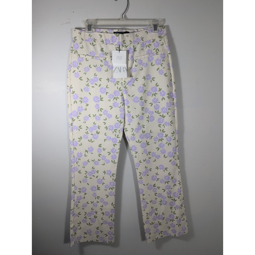 Zara Womens Floral Mini Flare Crop Trouser Pants Size L‎ Cream Purple Boho New